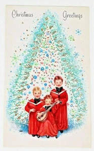 Biglietto Auguri Buon Natale Religioso Vintage 3 Alter Boys Cantando Albero Bianco Blu - Foto 1 di 3
