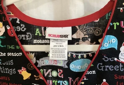 Christmas Scrub Top 2X Scrubstar Santa Elf Reindeer Holiday 100% Cotton V Neck - Image 1 of 4