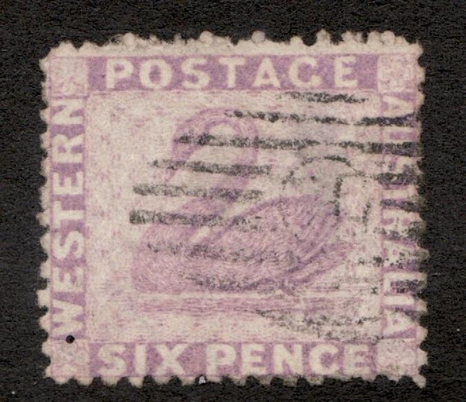 1861 Западная Австралия Sc # 28, p13, 6 пенсов, тусклый фиолетовый лебедь. Б/у Cv$55 - Изображение 1 из 1