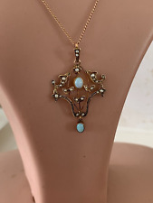 9ct gold natural opal & seed pearl pendant on chain, 1890 Victorian art nouveau