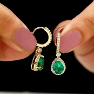 Women Drop Dangle Earring 14K Yellow Gold Plated 2Ct Pear Cut Simulated Emerald - Picture 1 of 4
