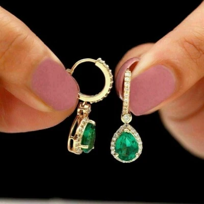 Women Drop Dangle Earring 14K Yellow Gold Plated 2Ct Pear Cut Simulated Emerald - Image 1 of 4