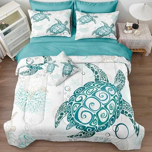 Coastal Bedding Set Queen Size Sea Turtle Comforter Set with Sheet Set Teal Blue - Picture 1 of 7