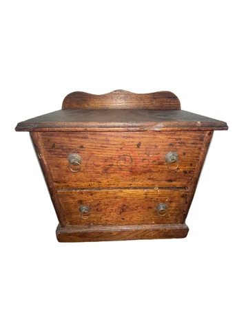 Antique Oak 2 Drawer Miniature Salesman Sample Chest Jewelry  Box W/ Design Cover