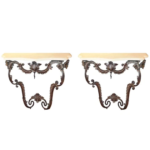 1870s Pair Antique Italian Rococo Style Polished Steel & Stone Console Tables Cover