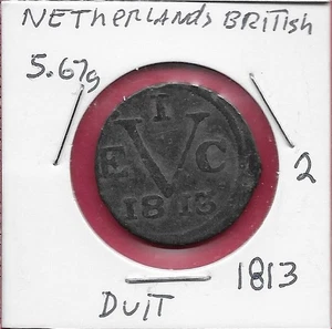 NETHERLANDS BRITISH EAST INDIES,JAVA 1 DUIT 1813 VEIC BALE-MARK AND DATE,INSCRIP - Picture 1 of 2