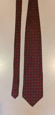 Corbata de seda Preswick & Moore estilo Madder antiguo roja con medallones azules y de bronce Foto 1 de 4