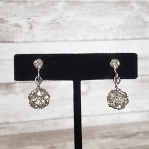Vintage Screw On Earrings Clear Gem Ball Dangle - Picture 1 of 4