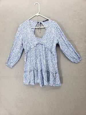 Top túnica Zara para mujer grande azul blanco estampado animal campesino volantes algodón boho Foto 1 de 4