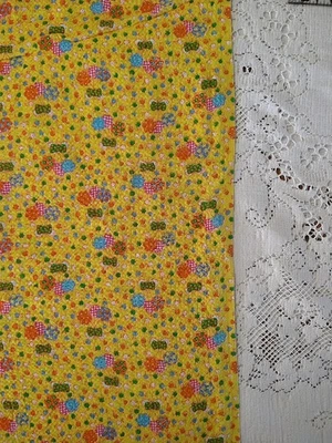Vintage Yellow Orange Blue Floral Cotton Seersucker Fabric 15" x 34" - Image 1 of 4