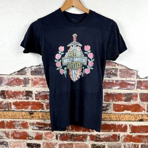 Vintage Harley Davidson Shirt Sz Small Black Single Stitch Sword Roses Thin 80s - Picture 1 of 7