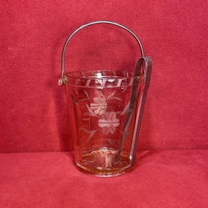 Vintage Pink Depression Glass Ice Bucket Pail Etched Flower Metal Handle & Tongs - Picture 1 of 24
