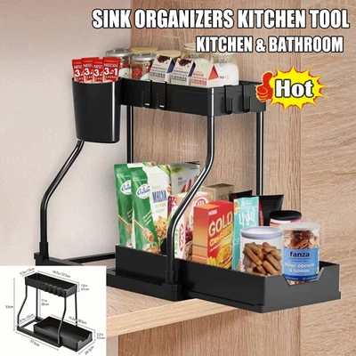 Organizadores debajo del fregadero almacenamiento 2 niveles deslizables gabinete de cocina baño almacenamiento Foto 1 de 4