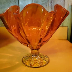 MCM L.E.Smith Persimmon Amberina Glass Crimped Ruffled Compote Pedestal Bowl - Picture 1 of 8