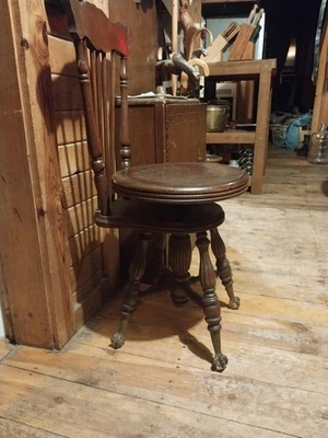 Antiguo taburete de órgano de piano ajustable con respaldo alto patas de bola de vidrio RARO Foto 1 de 2