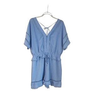 Adelyn Rae Womens Size L Paperbag-Waisted Romper Blue V-Neck Ladder Lace/Back - Picture 1 of 12