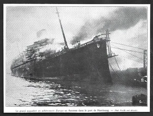 1929 -- DAS VOLLENDETE SCHIFF EUROPA IN FLAMMEN. HAMBURGER HAFEN. 3W890 - Bild 1 von 1