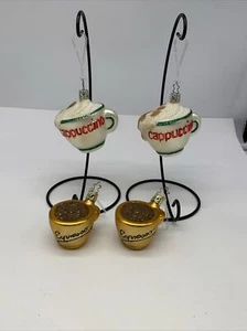 Set Of 4 Blown Glass Cappuccino & Espresso Coffee Cups Christmas Tree Ornaments - Picture 1 of 14