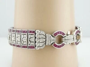 Luxurious Vintage Deep Pink Square Rubies With White CZ 10.21TCW Pretty Bracelet - Picture 1 of 6