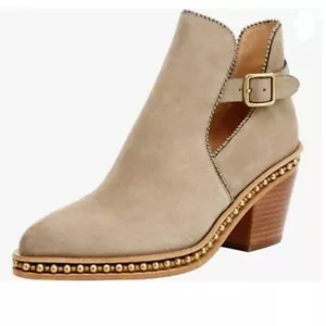 YDN Brown Studded Chunky Heeled Ankle Boot Almond Toe Buckle Strap Short Boot - Picture 1 of 8