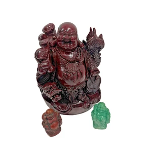 Vintage Buddha Statue Red Resin Laughing Prosperity Buddha Dragon Lot Bundle 7" - Picture 1 of 7