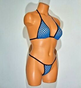 blue spandex big hole open sheer fishnet banded thong bikini lingerie set 
