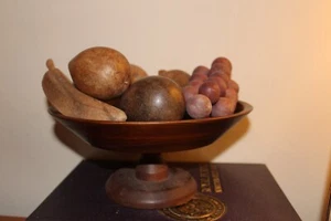Vintage Vermillion Walnut Fruit Bowl with Wooden Fruit, MCM, Springfield, MO - Picture 1 of 15