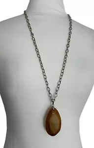 Silver Tone Chain Necklace Large Brown Stone Pendant Long Tunic Length Statement - Picture 1 of 8