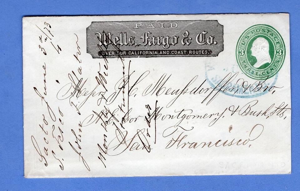 EE. UU., 1873, WELLS FARGO SACRAMENTO A SAN FRANCISCO, PAPELERÍA POSTAL, EN MUY BUEN ESTADO Foto 1 de 1