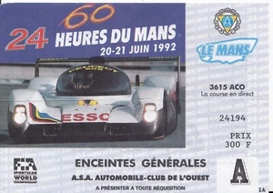 LE MANS 1992 24 HORAS HEURES ENTRADA GENERAL PASE TALÓN PEUGEOT 905 EVO - Imagen 1 de 2