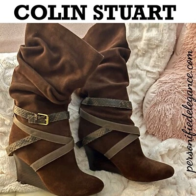 Colin Stuart Brown Suede Strappy Scrunch Knee High Wedge Boots Size 11B $159 - Image 1 of 4