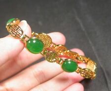 Yellow Gold Plate Fortune Luck Blessing Link Green Jade Cabochon Bangle Bracelet