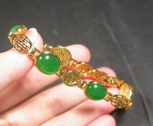 Genuine Green Jade Cabochon Longevity Fortune Luck Bless 18KGP Bangle Bracelet