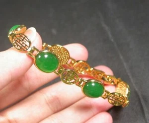 Genuine Green Jade Cabochon Longevity Fortune Luck Bless 18KGP Bangle Bracelet - Picture 1 of 5