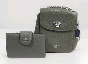 Coach Convertible Mini Leather Backpack Olive Green Matching Wallet EUC!  - Afbeelding 1 van 17