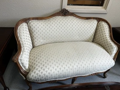 Vintage Heavily Carved Settee: Petite Down Cushion Loveseat Off White BEAUTIFUL - Image 1 of 2