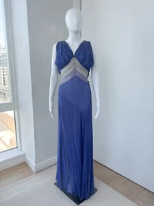 Ethereal 1930s blue-lavender silk chiffon slip, with flowers and plunging grace. - Picture 1 of 6