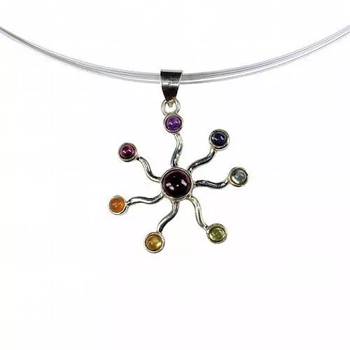 Collana Pendente Sole Granato Ametista Topazio Citrino In Argento Chakra - Immagine 1 di 1