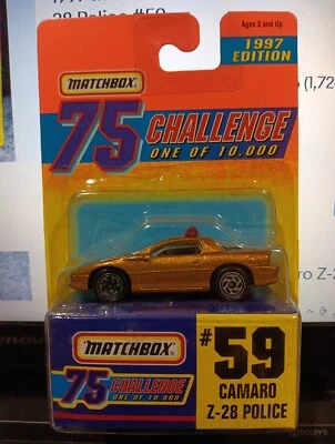 Matchbox 1997 75 CHALLENGE 1/10,000 #59 CAMARO Z-28 PLICE CAR GOLD Mint Card - Image 1 of 2
