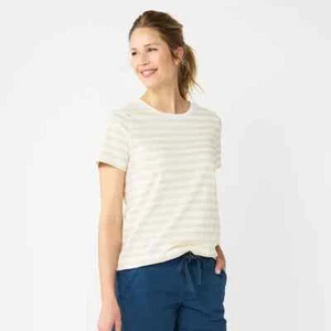 Neutral Beige Stripe TShirt Size L Mothers Day Short Sleeve Crew Tee Sonoma New - Picture 1 of 1