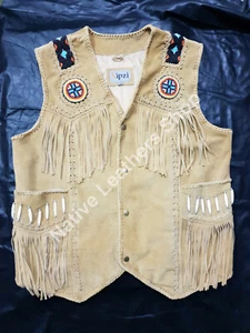 Gilet uomo western wear cowboy pelle scamosciata frange osso perline treccia NL55 - Foto 1 di 2