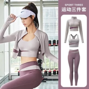 Women Yoga Patchwork 3 Piece Set Fitness Gym Coats+Bra+Leggings Workout Running - Picture 1 of 15