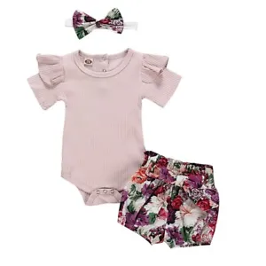 Newborn Baby Girl Clothes Set Solid Color Short Sleeve Romper Flower Shorts 3Pcs - Picture 1 of 28
