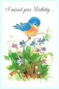 Glückwunschkarte Happy Verspätete Geburtstagswünsche Zwitschern Bluebird Fravessi - Bild 1 von 3