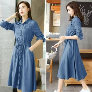 Womens Summer Lapel Collar Button Long Sleeve Denim Belt A-Linen Jeans Mid Dress - Bild 1 von 14