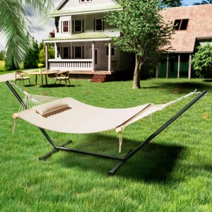 2-Person Beige 12 Ft. Heavy-Duty Hammock with Stand and Detachable Pillow, 450 L - Picture 1 of 12