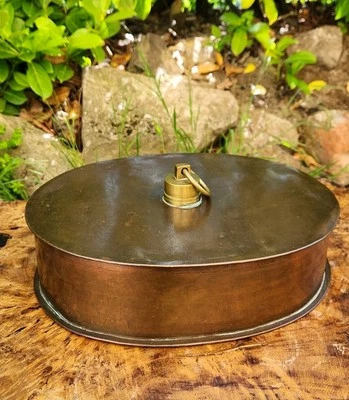 Ancienne Bouillotte Ovale Cuivre XIXe 35 cm Soudure Dents de Loup Bouchon Laiton - Photo 1/4