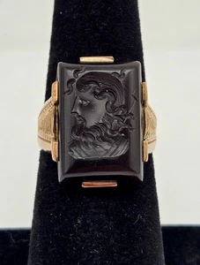 14k Gold Black Onyx Intaglio Zeus Jupiter Signet Ring Sz 6.5 Vintage Deco 5.38g - Picture 1 of 8