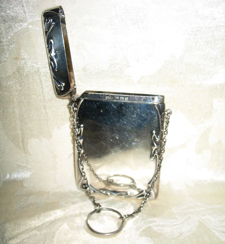 Victorian Art Nouveau Hallmarked Sterling Silver Card Case on Chain Cover