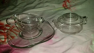 Set für zwei Kaffee Tee Tassen Klarglas Teekanne 2 Tassen, Teller 8" gc - Bild 1 von 3